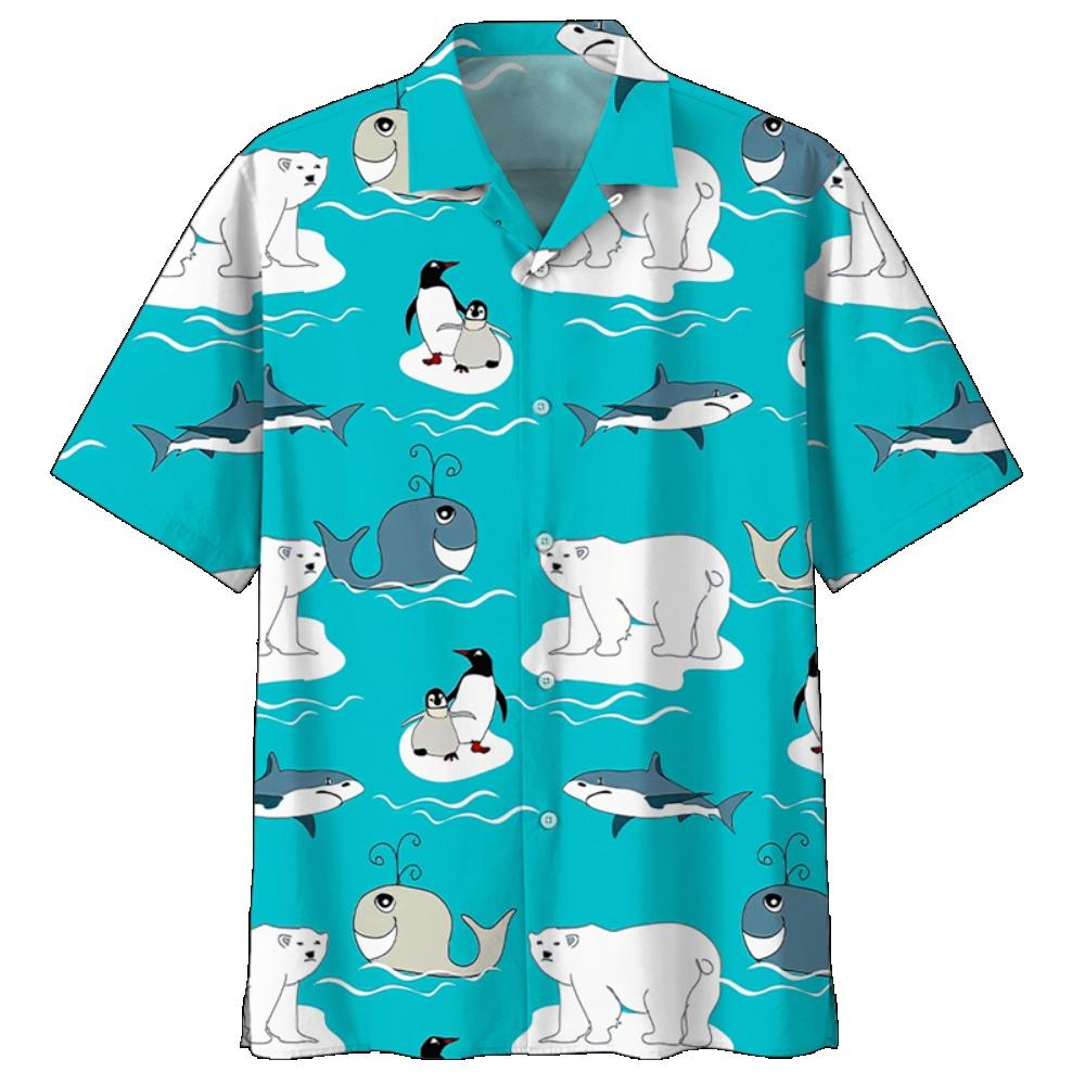 Cute Polar Bear Pattern Aloha Shirt For Men 3D Printed Panda Animal Short Sleeve Loose Lapel Hawaiian Shirts Button Blouse