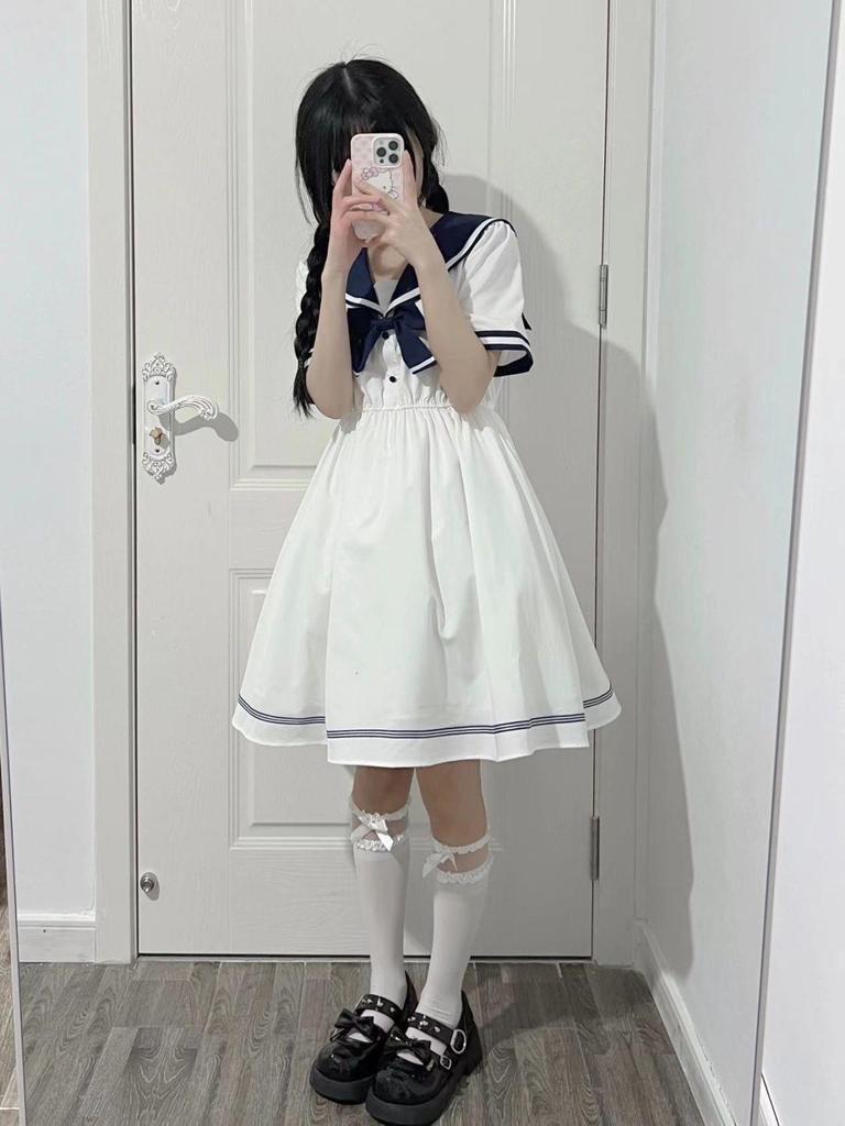 Japanese Sweet Student College Wind Navy JK Dress Women's Summer Lolita Princess Dress Adult Daily Light Lo