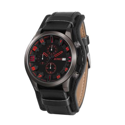 BUREI Men's Analog Quartz Watch, Waterproof, Simple Design, Chronograph, Black Leather Strap, Made In Japan, Battery-Operated, Gift