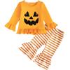 Baby Mädchen Halloween Kürbis Stickerei Pullover Rundhals Langarm Sweatshirt mit Elastischer Taille Schlaghosen Set