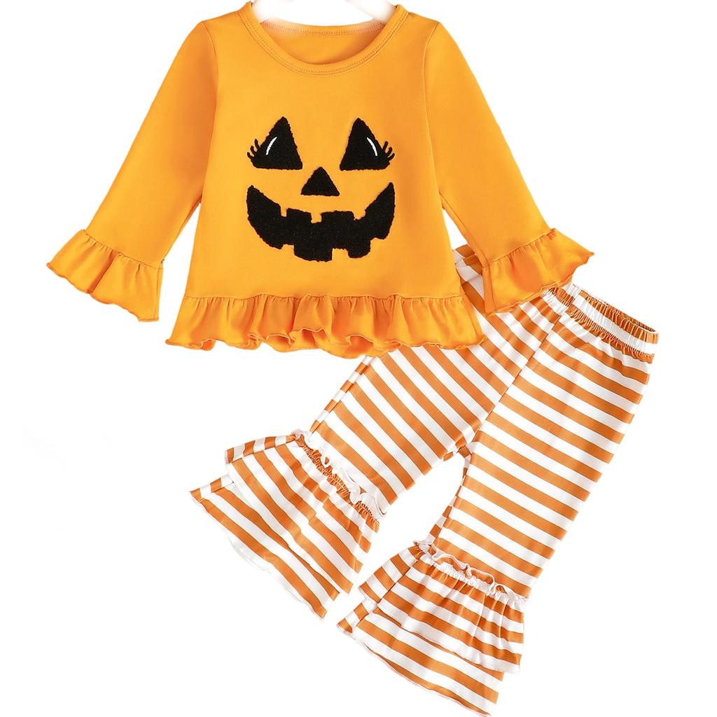 Baby Mädchen Halloween Kürbis Stickerei Pullover Rundhals Langarm Sweatshirt mit Elastischer Taille Schlaghosen Set