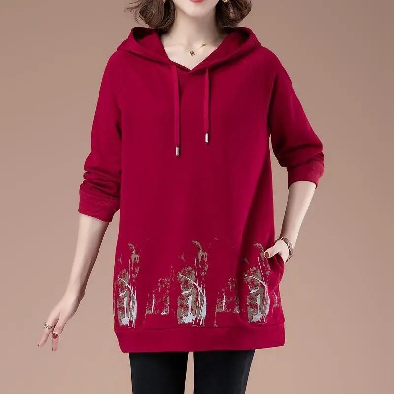 

Хлопковый однотонный тонкий пуловер, женский свитер с капюшоном большого размера, свободный крой, осень-зима, толстовка средней длины, топ