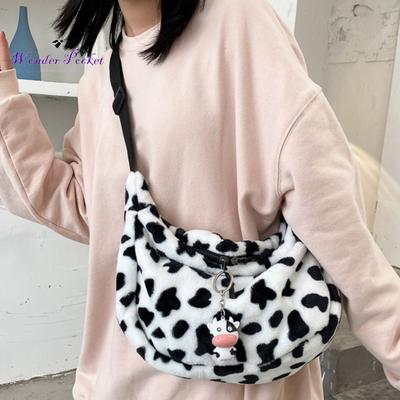 Dámská elegantní taška přes rameno s kravským vzorem Velkokapacitní plyšová crossbody kapsička na zip