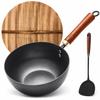 WANGYUANJI 22cm Wok, Stir-fry Pan, Cast Iron, Nitrided, Non-stick, Uncoated, Textured Surface, IH and Gas Stove Compatible, Wooden Lid, Iron Spatula