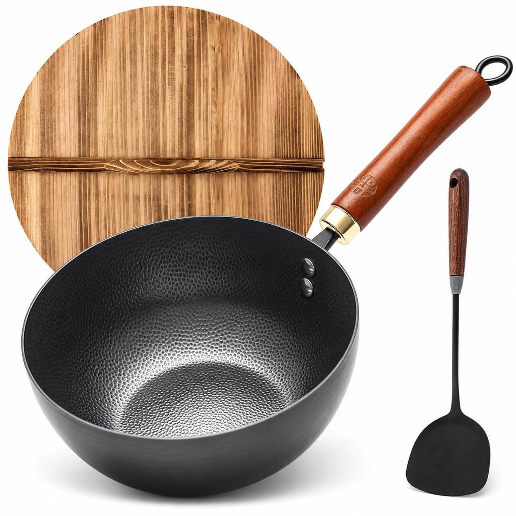 WANGYUANJI 22cm Wok, Stir-fry Pan, Cast Iron, Nitrided, Non-stick, Uncoated, Textured Surface, IH and Gas Stove Compatible, Wooden Lid, Iron Spatula