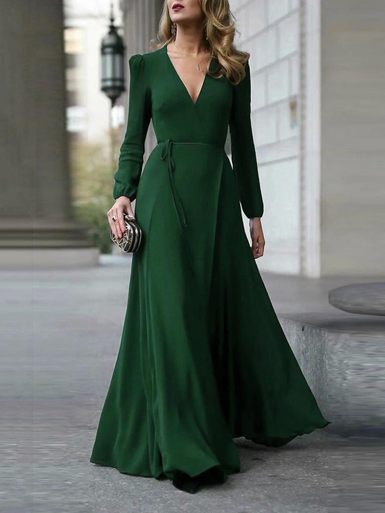 V-Neck Long Sleeve Dress with Tassels, Slim Fit, Elegant Maxi Dress for Women