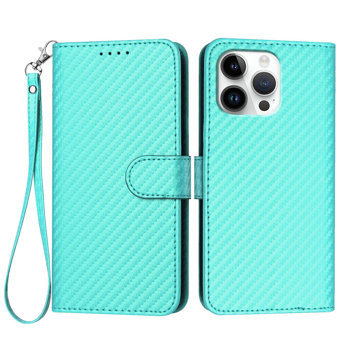 

For iPhone 16 Pro Max Wallet Case with Strap Carbon Fiber Texture Leather Mobile Cover E