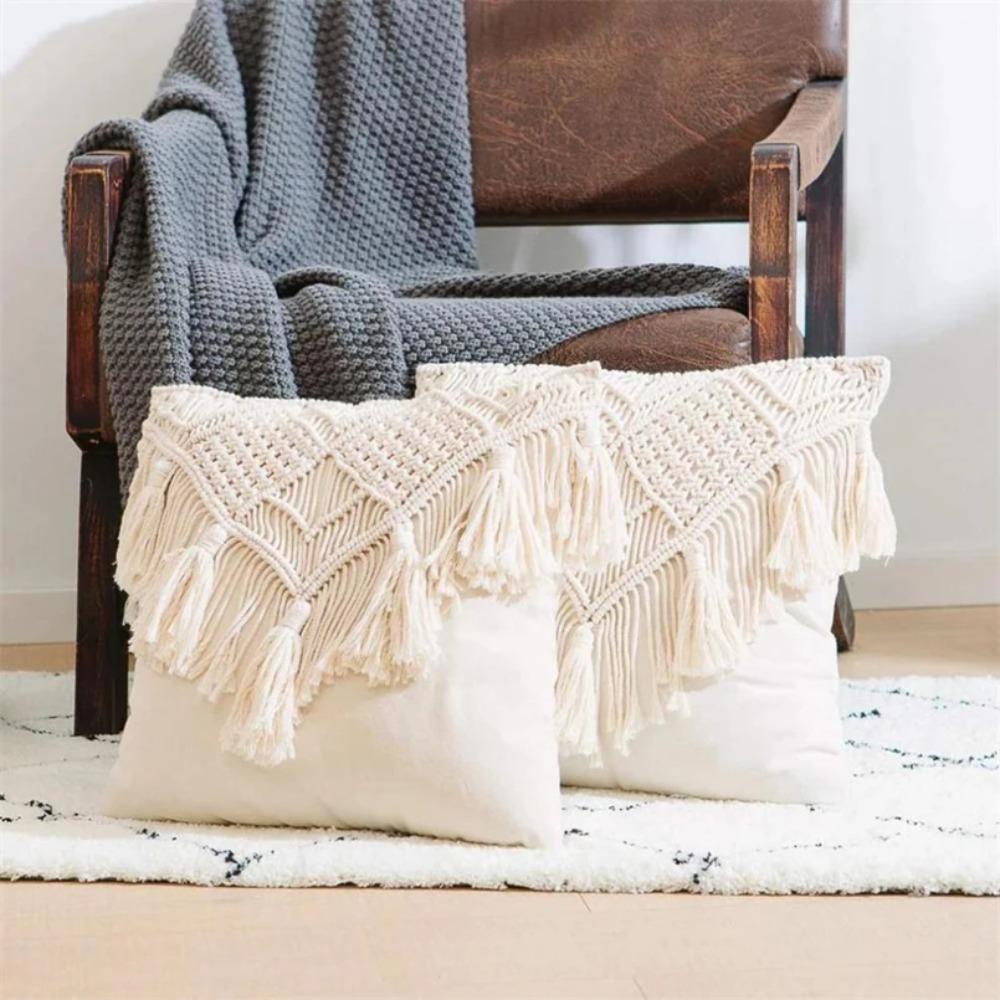 Home Decor Hand-woven Bohemian Macrame Pillow Cover with Tassel Pastoral Sofa Cushion Cover Washable Square Pillowslip Bedroom