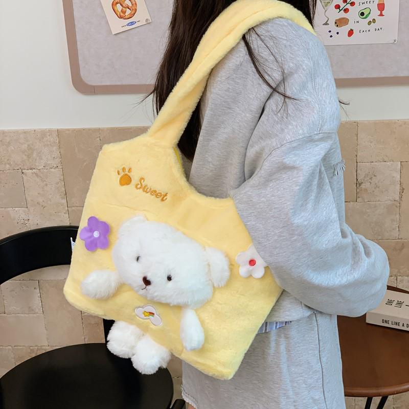 Autumn/Winter Women's Plush Cartoon Tote Bag with Large Capacity