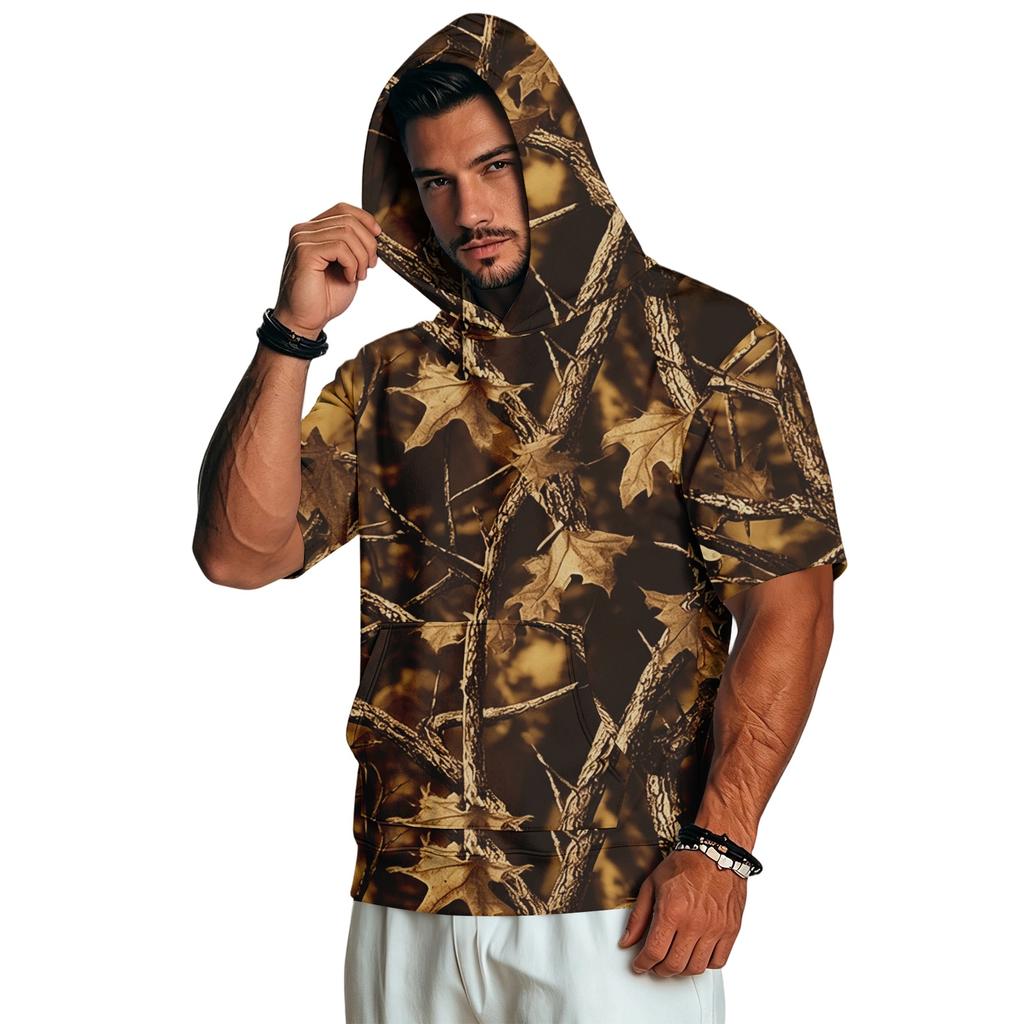 Men's Short Sleeve Hoodie Casual Retro Lightweight Camouflage Print