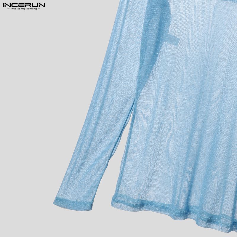 INCERUN Men Long Sleeve Mesh Sheer Lace Glitter Casual Hooded Ruffled Tops T-shirts