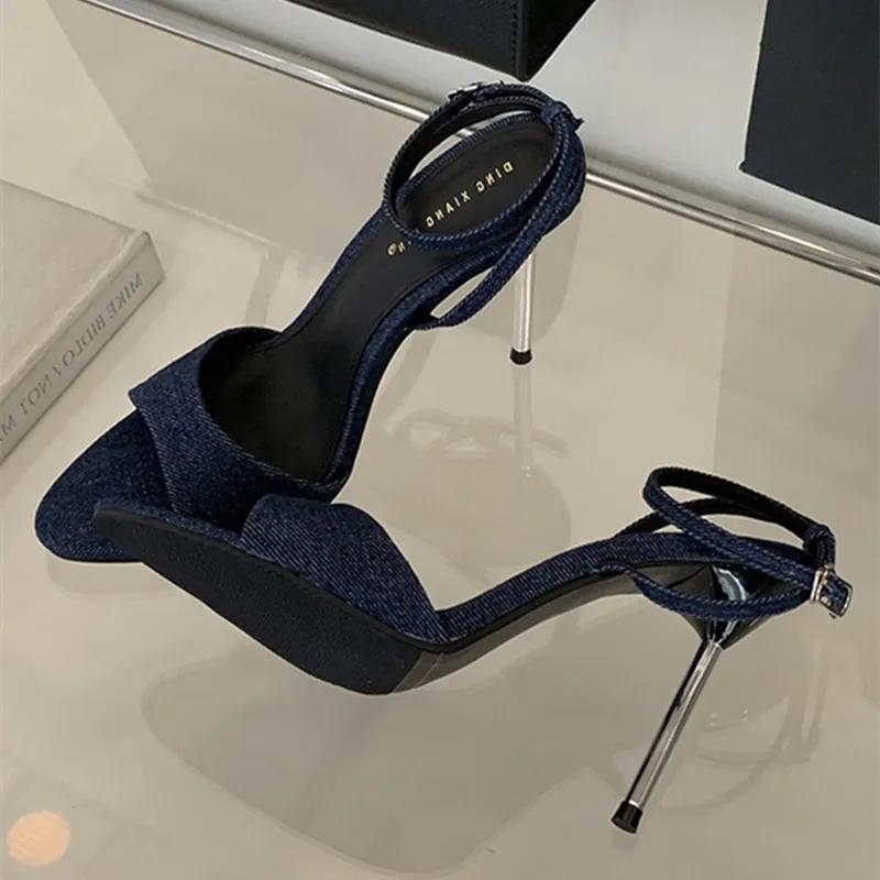 Fashion Denim Blue Thin Heeled Sandals Women Sexy Peep Toe Ankle Strap Buckle High Heels Summer Elegant Pumps Comfort Casual Sandalias