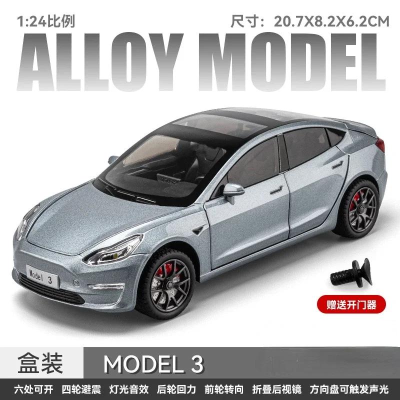

1:24 Model 3 Diecast Toy Car Model Pull Back Doors Openable Sound & Light Educational Collection Gift For Kids