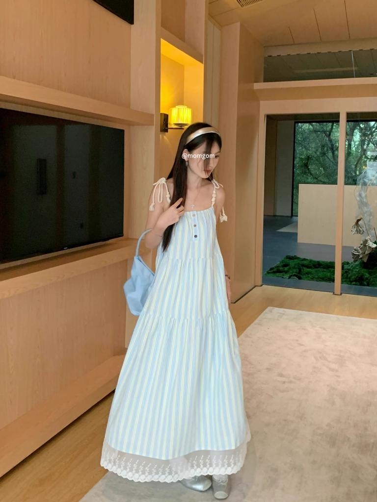 [Original Practice] French First Love Blue Suspender Dress Summer Japanese Literary Lazy Wind Long Dress Slack