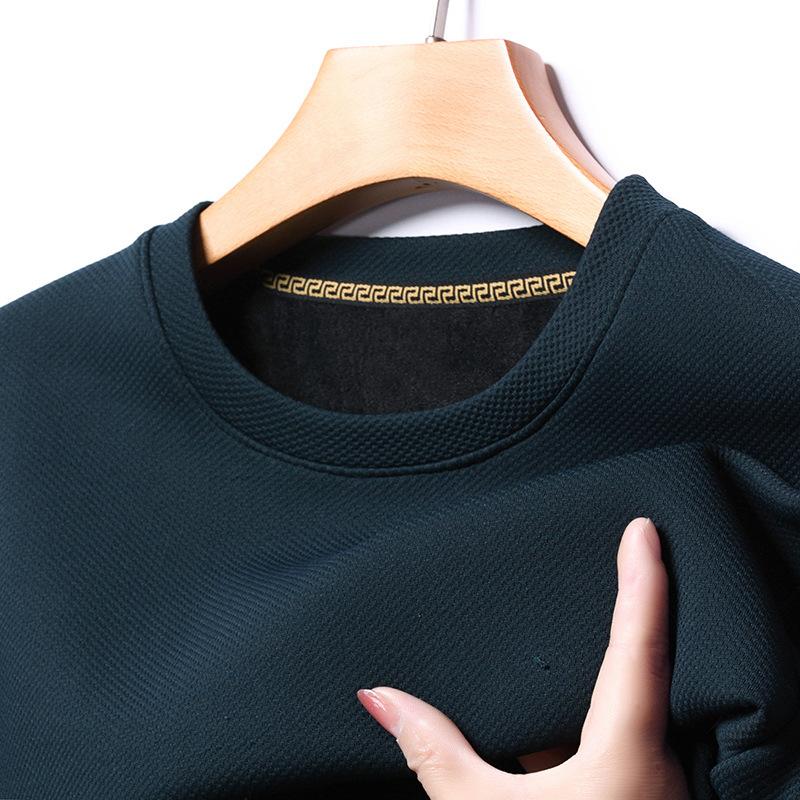 Autumn And Winter Velvet Thickened Crew Neck Sweater Men'S Pineapple Grid Solid Color Warm T-Shirt Casual Versatile Bottoming Shirt