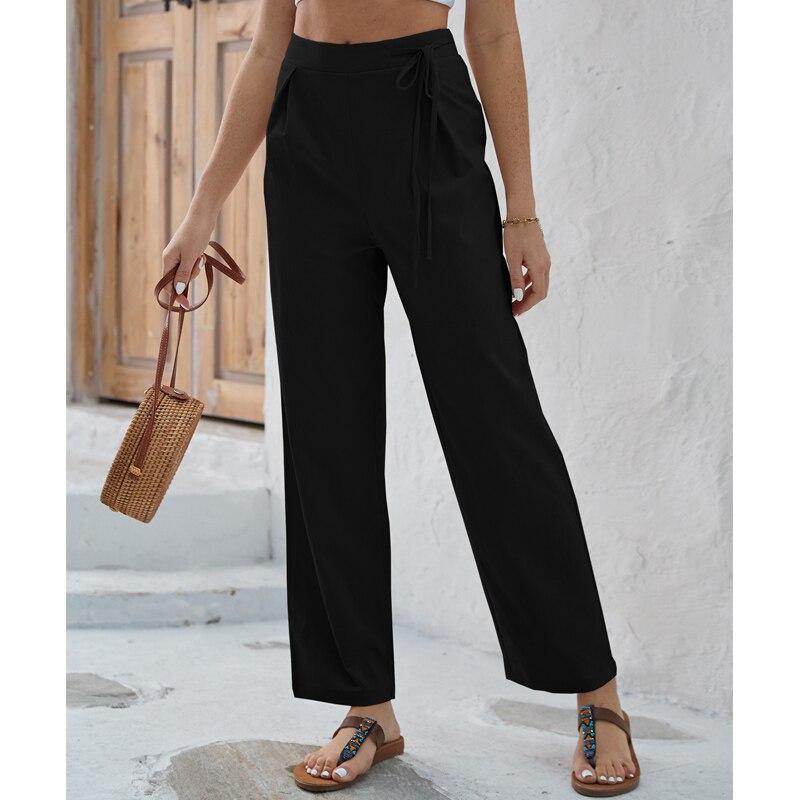 Office-lady Solid Straight Pants Women Casual High-waisted Pants Spring And Summer  Fashion Loose Lace-up Trousers Spodnie 26528