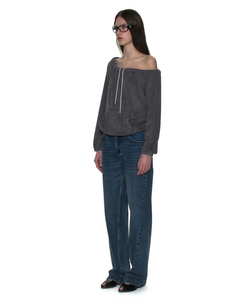 PARTIMENTO WOMEN Terry Drawstring Off-Shoulder Top_Charcoal