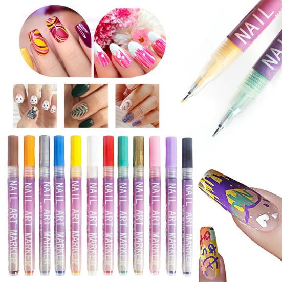1 Set 12 Colors Nail Art Pens DIY Gel Nail Art Acrylic Paint Markers Quick Dry Graffiti Dotting Point Liner Pens Nail Art Drawing Painting Tools