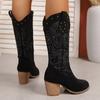 Fashion Retro Mid-Calf Women's Boots Soft Rubber Upper Embroidered Western Tube V-Notch Large Size Autumn Winter Thick Heel Slimming