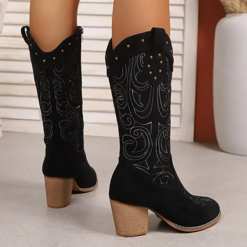 Fashion Retro Mid-Calf Women's Boots Soft Rubber Upper Embroidered Western Tube V-Notch Large Size Autumn Winter Thick Heel Slimming