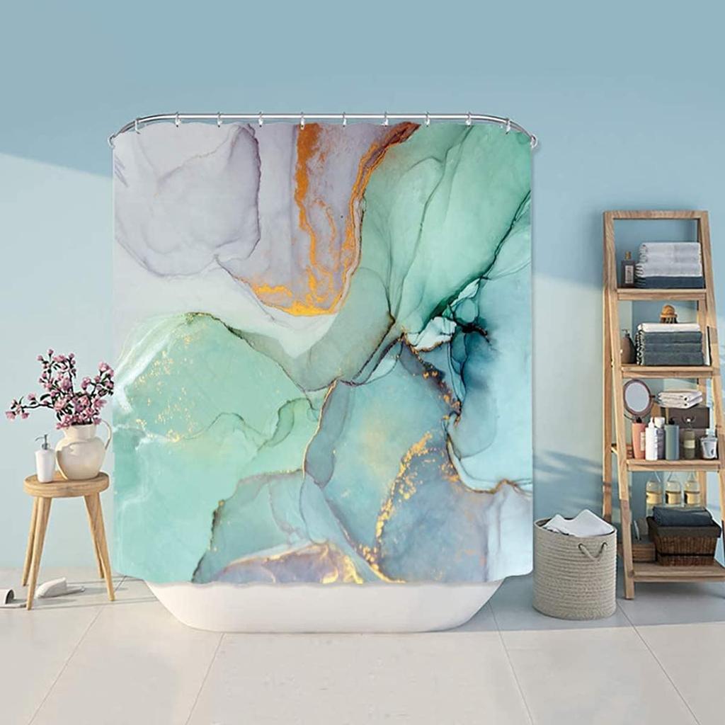 1 Piece Bathroom Decor Set, Marble Green Shower Curtain With Hooks, Watercolor And Abstract Ink Blue And Green