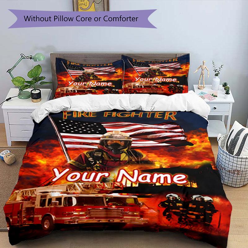 3PC Custom Name Firefighter Poster Bedding Set Duvet Cover Closure Includes 1 Duvet Cover & 2 Pillowcases for Bedroom