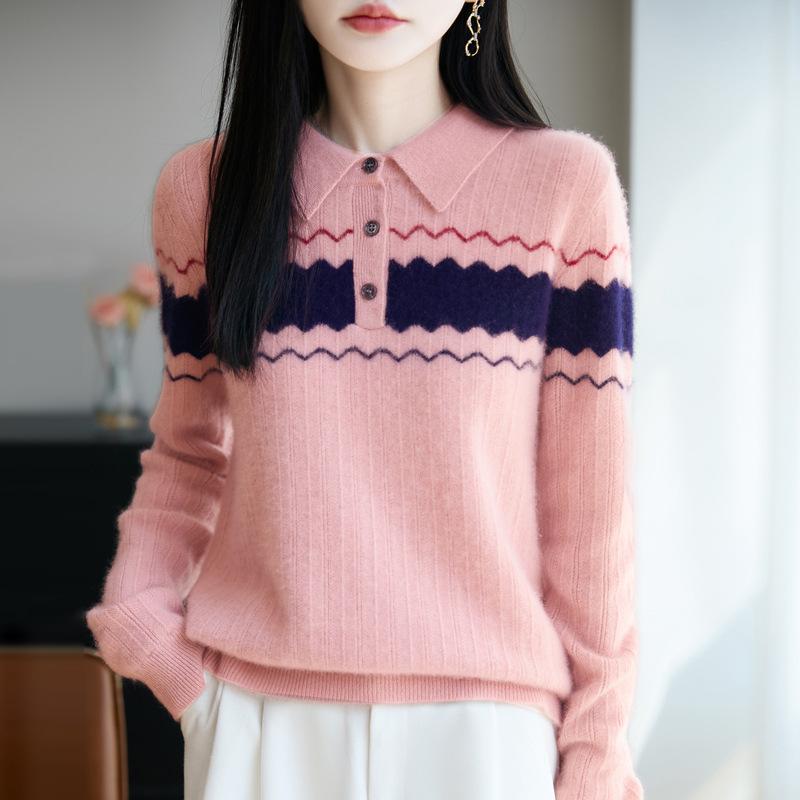 Autumn And Winter New Lapel Knitted Wool Sweater Women'S Loose Large Size Sweater Women'S Color Matching Temperament Versatile Foreign Style Sweater