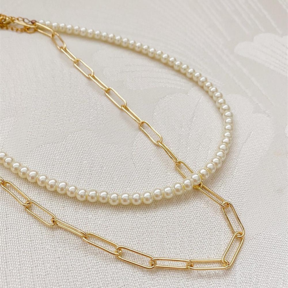 French retro fashion temperament paper clip collarbone chain women's versatile double-layer simple niche high-end pearl necklace