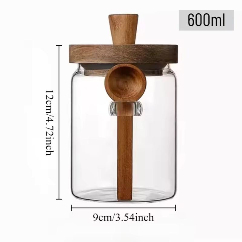 Food Storage Container Glass Jar with Wooden Lid & Scoop Grain Spice Coffee Bean