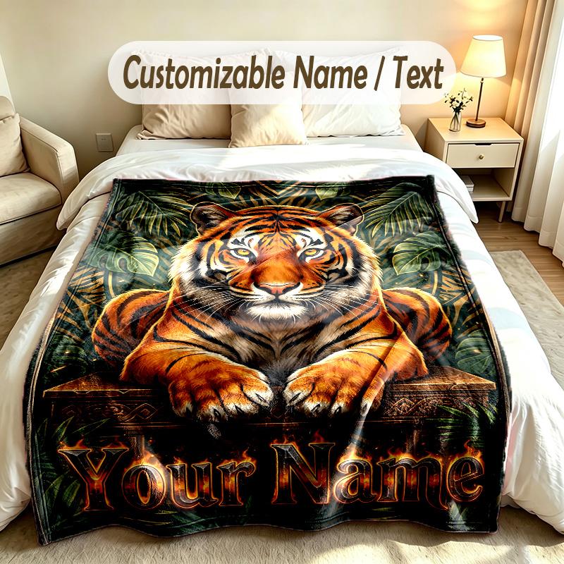 Lion Tiger Theme Custom Blanket Personalized Name & Text Customized Soft Warm Throw Blanket Home Decor