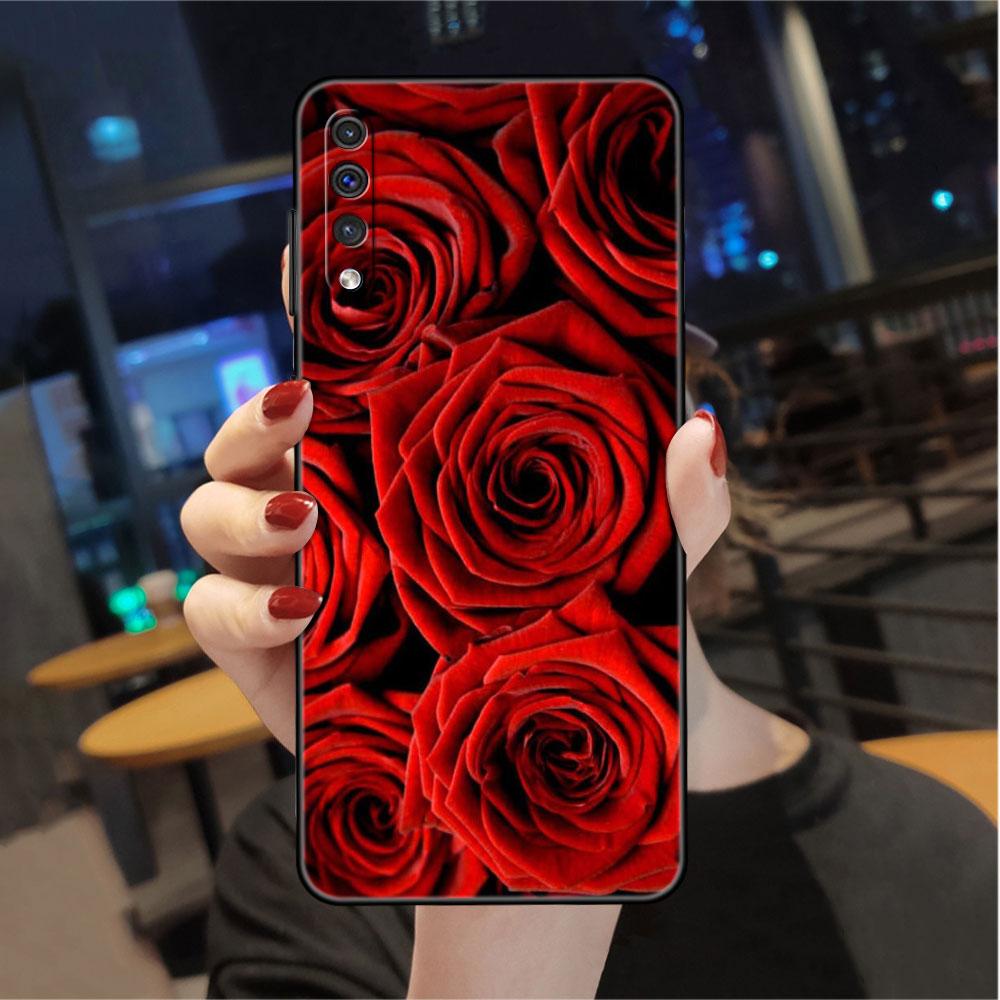 Case For Samsung Galaxy A50 A70 A30 A20s A20e A10 A40 A10s A10e M52 M51 M31 M30s M21 Black Phone Cover Bright Red Rose Flowers