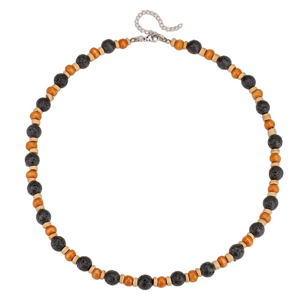 Volcano Stone Wood Bead Splicing Necklace Male Sense Retro Personality Summer Vacation Men's Collarbone Chain Necklace