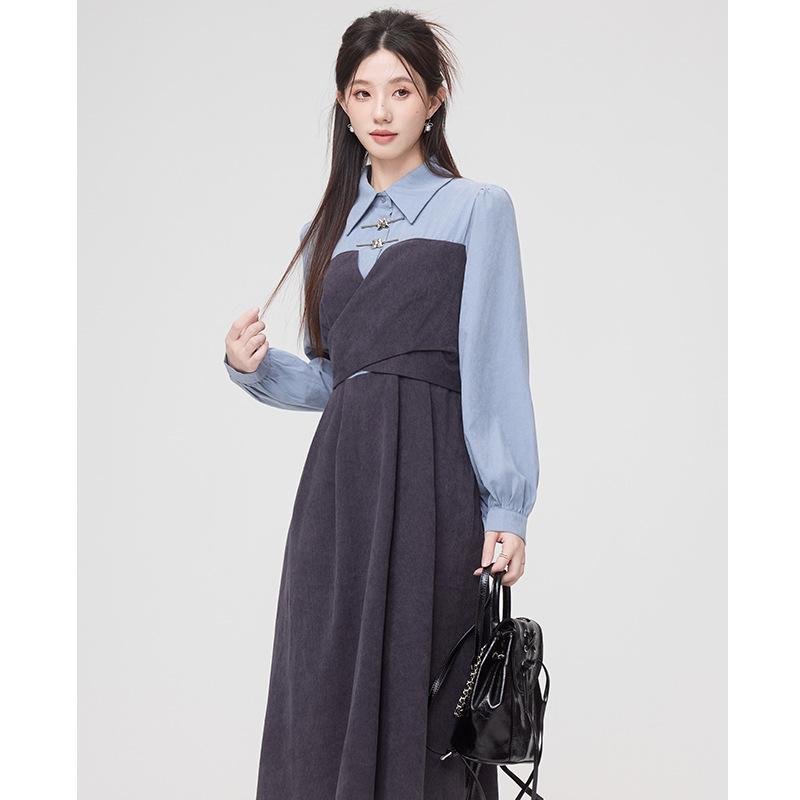 

Осень новый литературный и художественный нежный нишевый шик ложный двухкомпонентный сращенный талия платье с длинным рукавом женское L