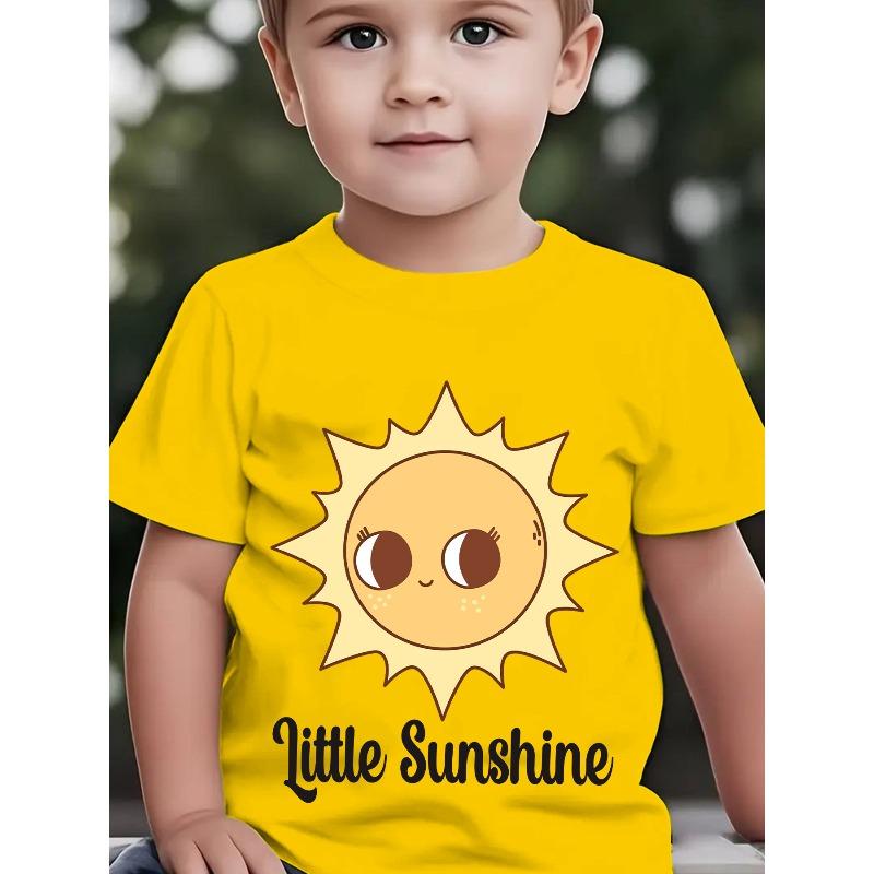 European Sizes Summer Boys' Fashion Short-Sleeve T-Shirt "Little Sunshine" Letter Smiling Sun and Other Cartoon Pattern Print Outdoor Casual Top