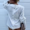 Fashion Office Lady Metal Button Back Long Sleeve Puff Shoulder Blouse Shirt Top