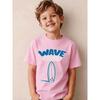 European sizes Cartoon Wave Surfboard Print T-Shirt, Fun Beach Surf Theme Short Sleeve for Boys and Girls, Pink Clouds and Blue Fin Pattern