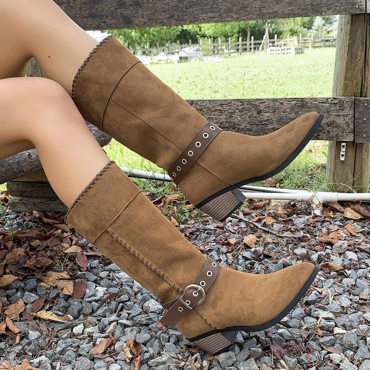 Large size pointed square heel metal buckle suede boots autumn and winter new long tube but knee women's boots