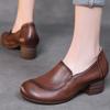 Johnature Genuine Leather Solid Color Thick Heeled Pumps Retro Versatile Round Toe Women's Shoes