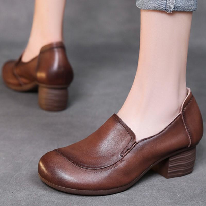 Johnature Genuine Leather Solid Color Thick Heeled Pumps Retro Versatile Round Toe Women's Shoes