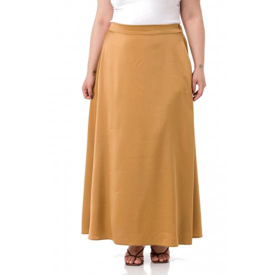 Women's Plus Size Flared Satin Long Black Skirt with Elastic Waist Back