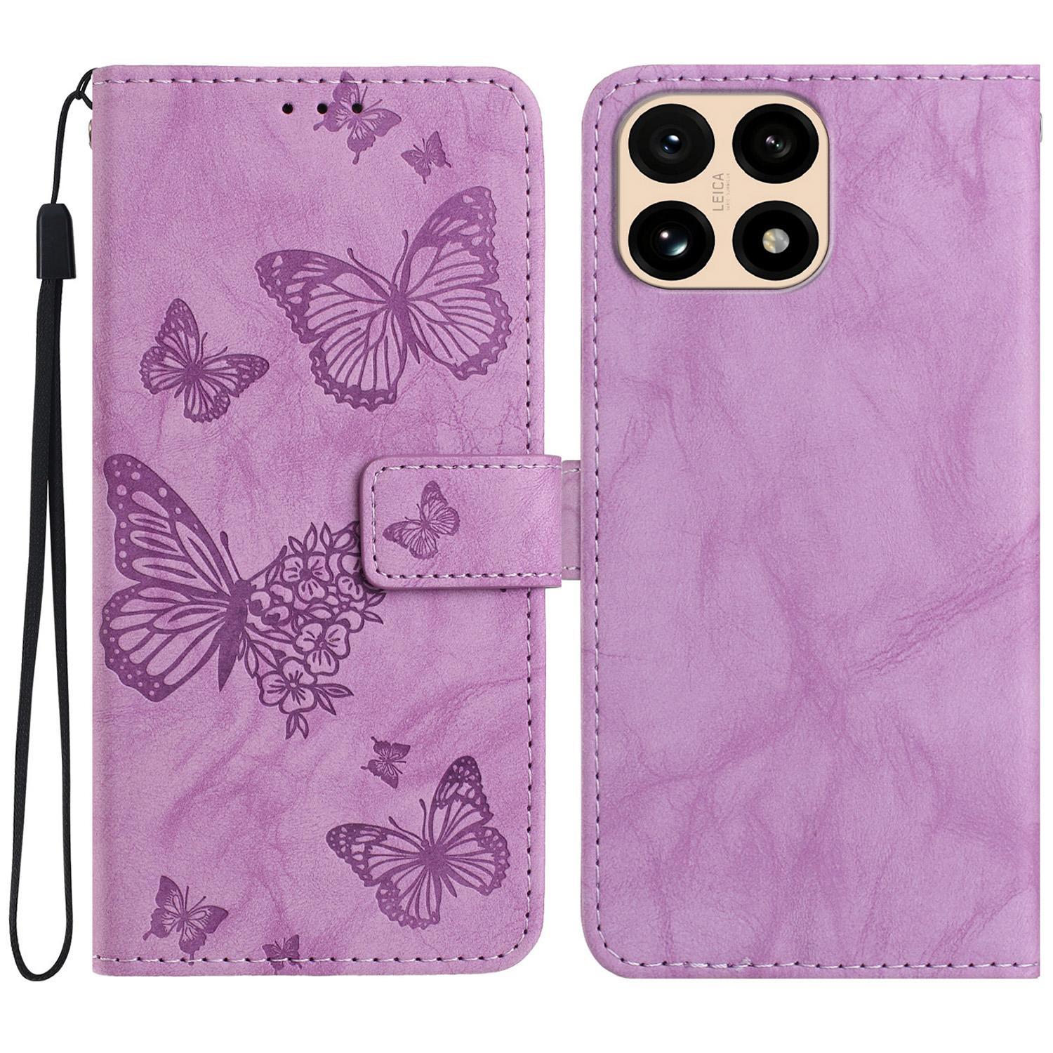 For Xiaomi 15T Leather Case Butterfly Flower Imprinted Wallet Stand Flip Phone Cover with Wrist Strap