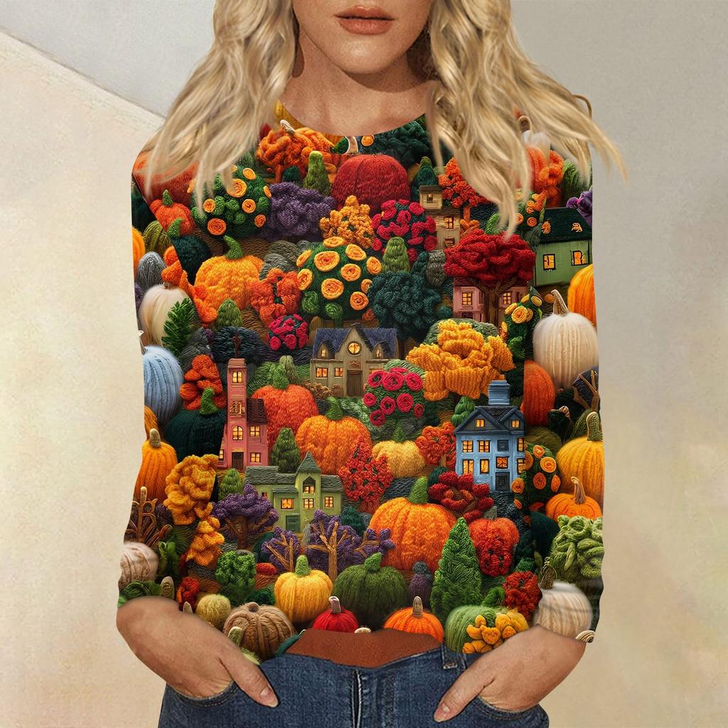 Women's Fashion Casual Halloween Printed Round Neck Long Sleeve Pullover Top