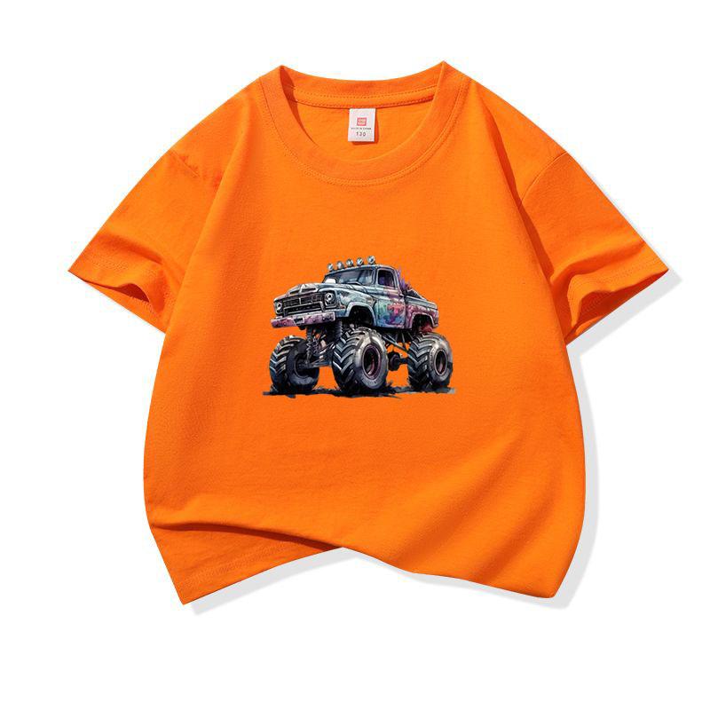 Kids Cotton T Shirt Cool Cartoon Offroad Vehicle Print Crew Neck Short Sleeve Tee Casual Boys Girls Summer Tops