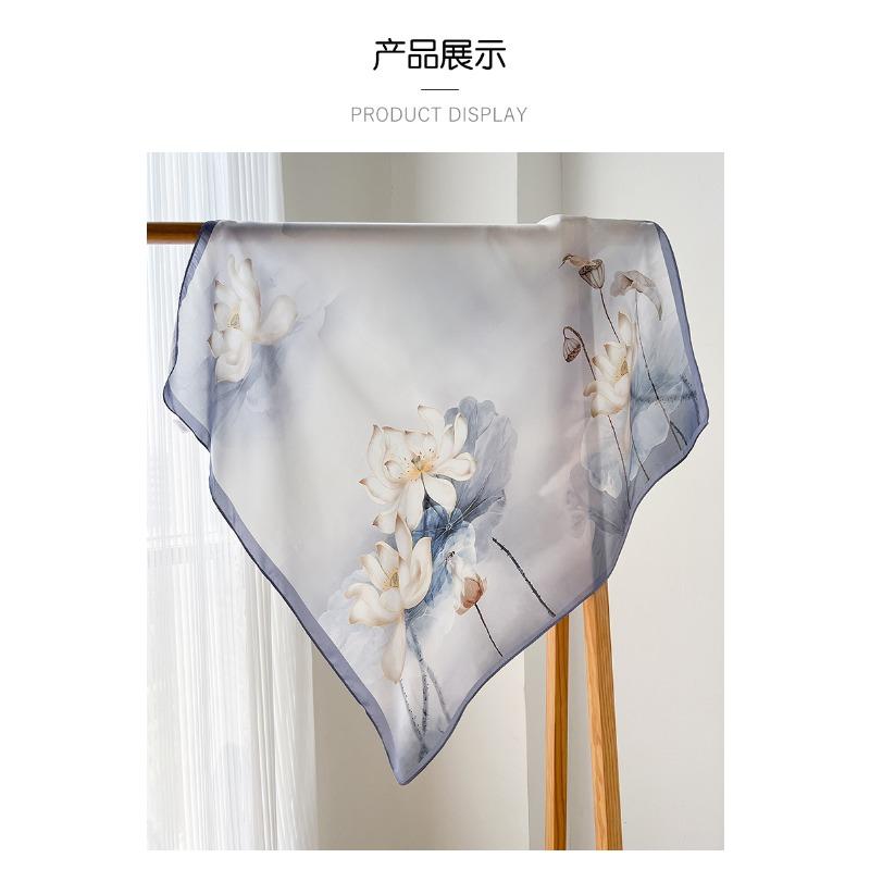 Women S 100 Silk Square Scarf Summer Lotus Pattern Commuting Neckerchief Gift For Mom