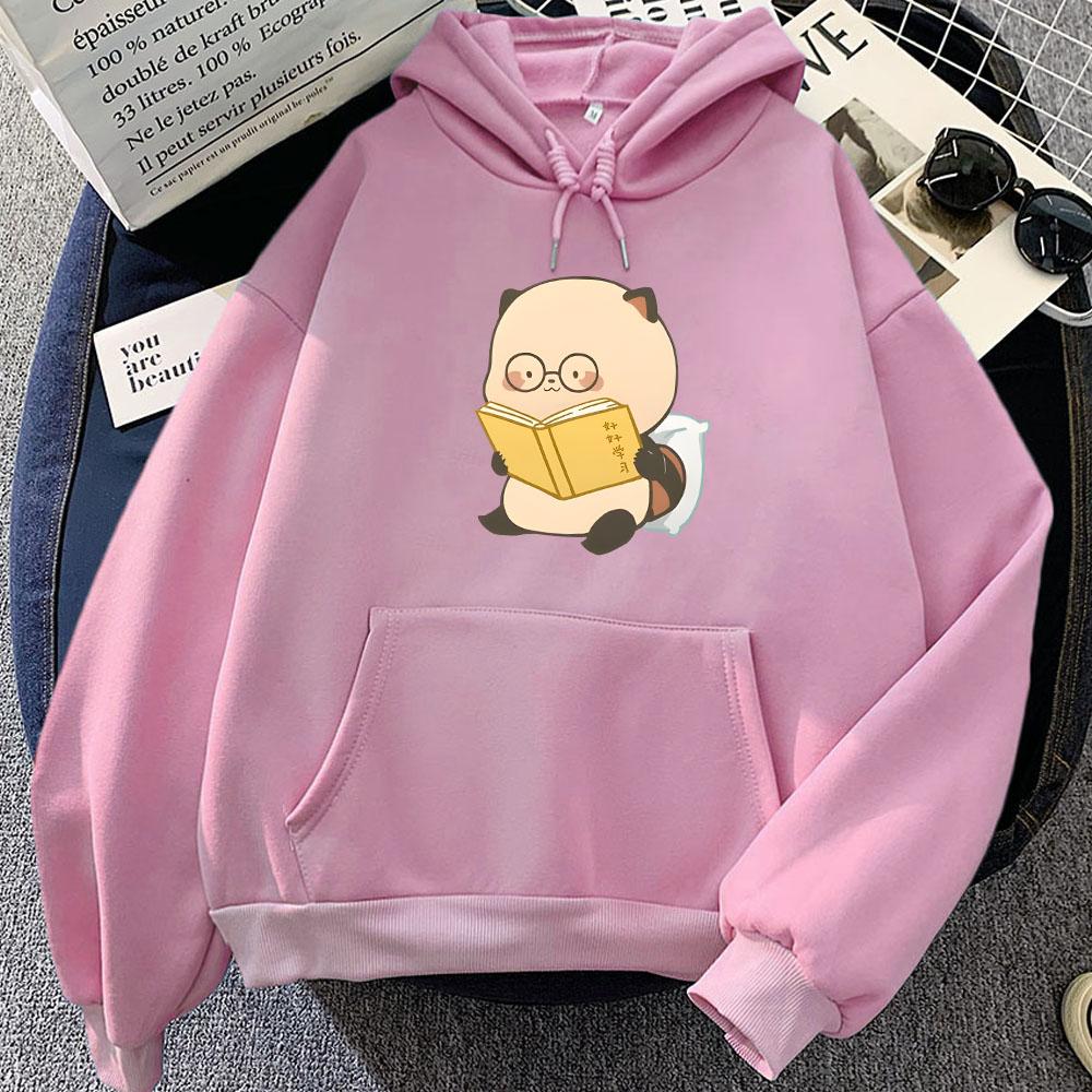 Raccoon Reading Graphic Hoodies Women/Men Casual Long  Sleeve Sweatshirts Winter Fleece Comfortable Hooded Tops