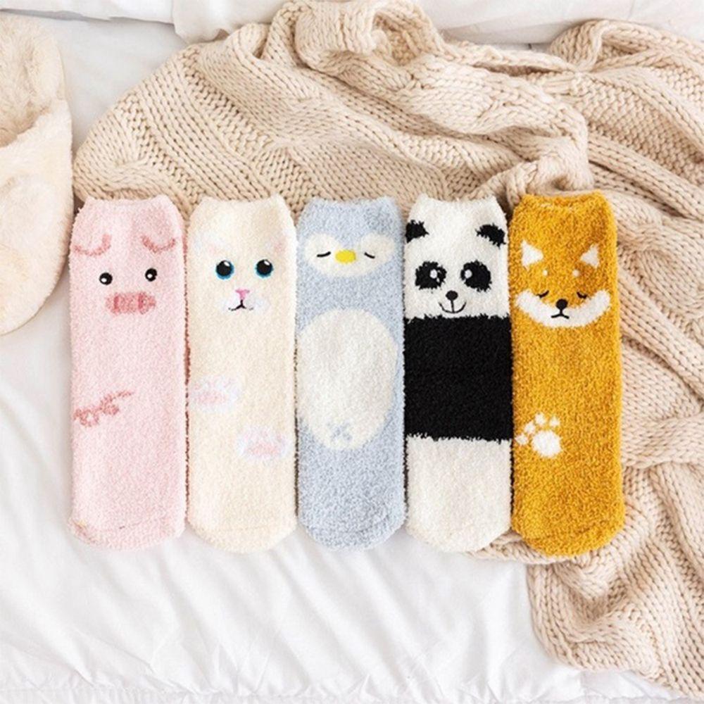 Fluffy Cartoon Animal Winter Warm Coral Velvet Socks Thickening Sleep Bed Sock Embroidery