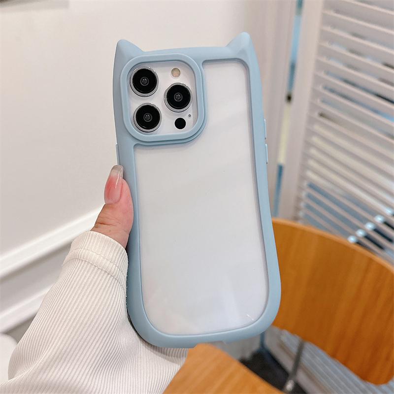 INS Cute Cartoon Cat Ear Clear Acrylic Case For iPhone 15 14 13 12 Pro Max 11 Soft Bumper Shockproof Transparent Hard Back Cover
