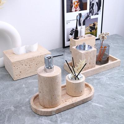 Natural Marble Yellow Travertine Tray, Bathroom Wash Set, Aromatherapy Ornament, Hand Sanitizer Bottle, Tissue , Antique Style