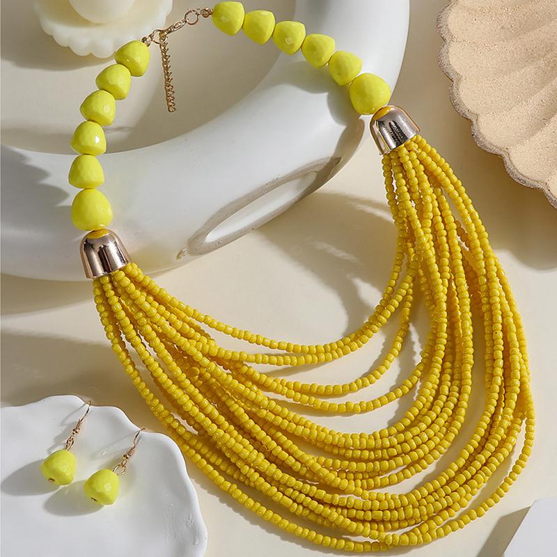 Bohemian Vacation Style Rice Beads Handmade Jewelry Set for Women Multilayer Necklace Earrings Accessories