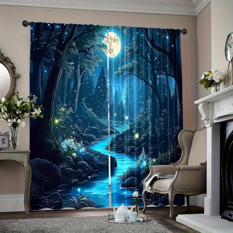 2PCS Digital Printed Curtains, Blue Magic Forest Stream Fireflies Moon, Enchanted Woodland Night Fairy Tale Window Decor